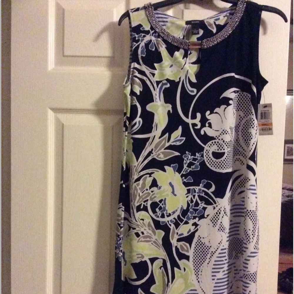 Alfani Sleeveless Navy Patterned Shift Dress with Jeweled Neckline Size …